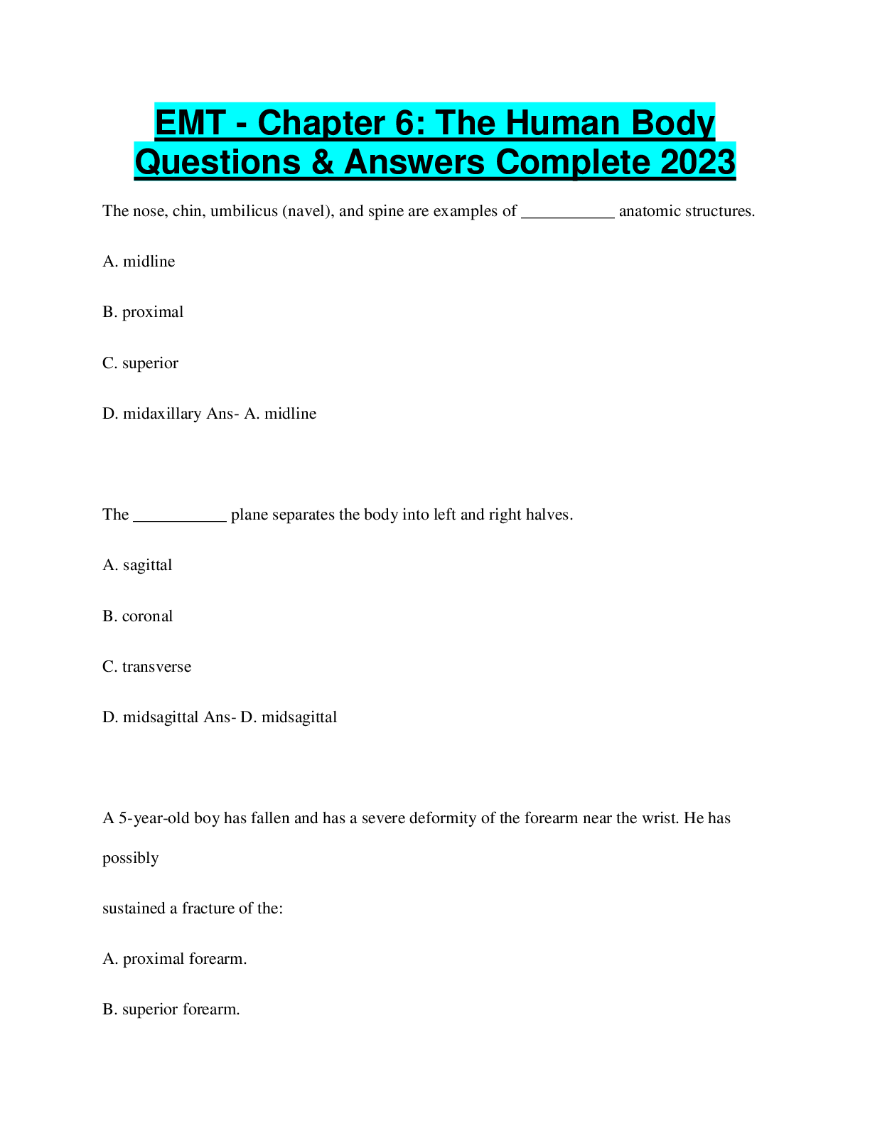 Preview image for EMT - Chapter 6: The Human Body Questions & Answers Complete 2023